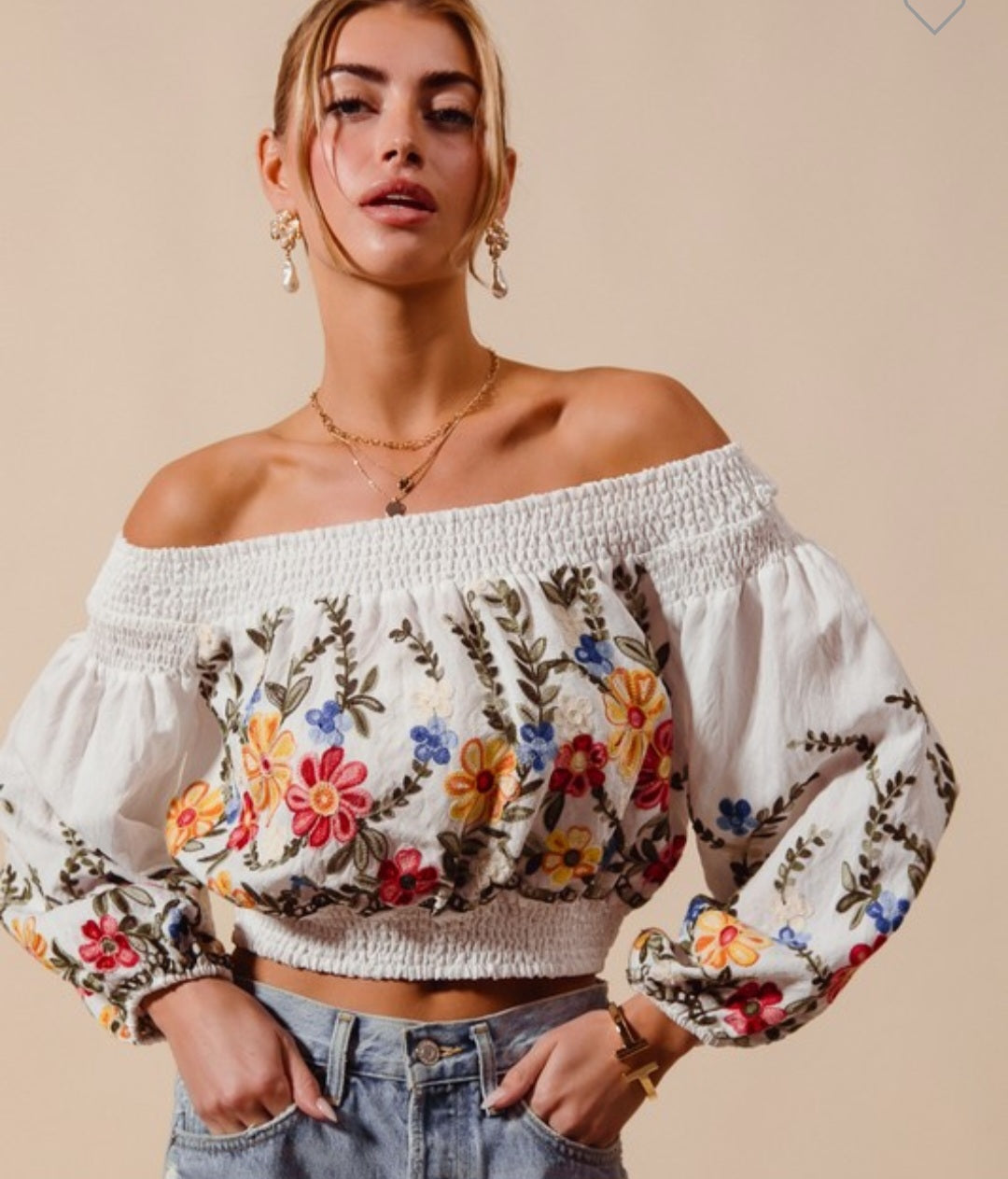 Floral Embroidered Off The Shoulder Crop Top- Pre-Order