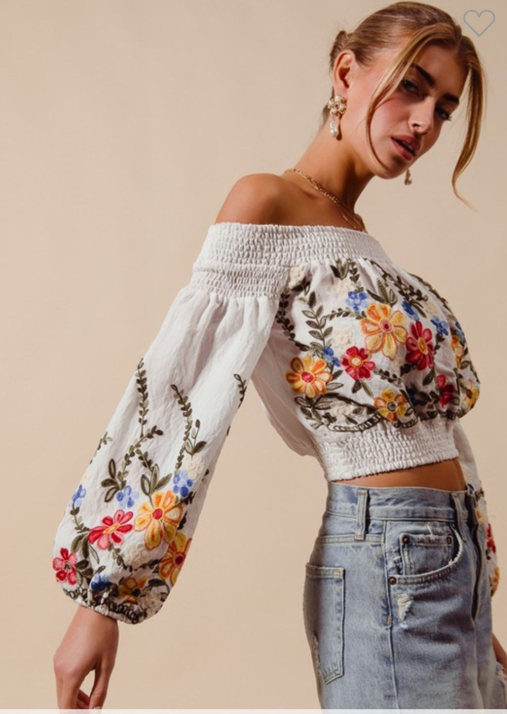 Floral Embroidered Off The Shoulder Crop Top- Pre-Order