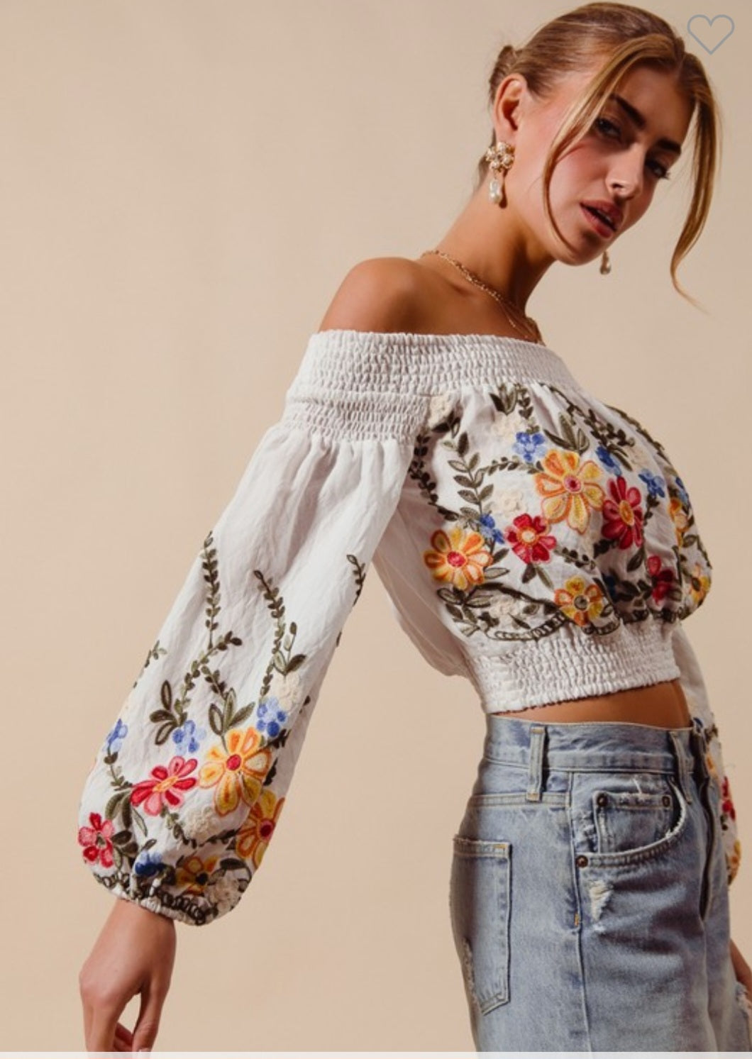 Floral Embroidered Off The Shoulder Crop Top- Pre-Order
