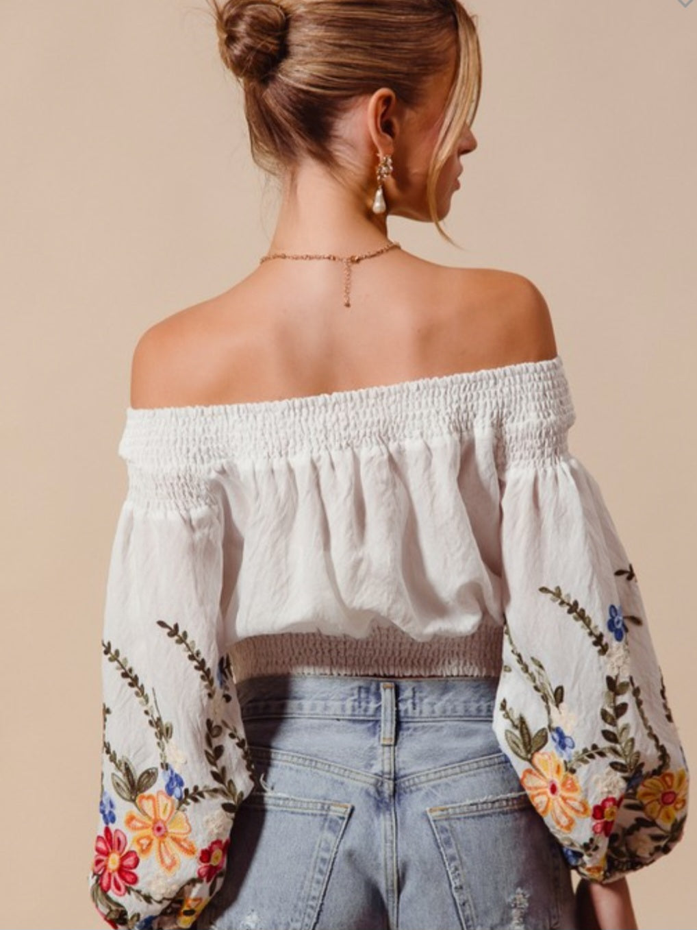 Floral Embroidered Off The Shoulder Crop Top- Pre-Order